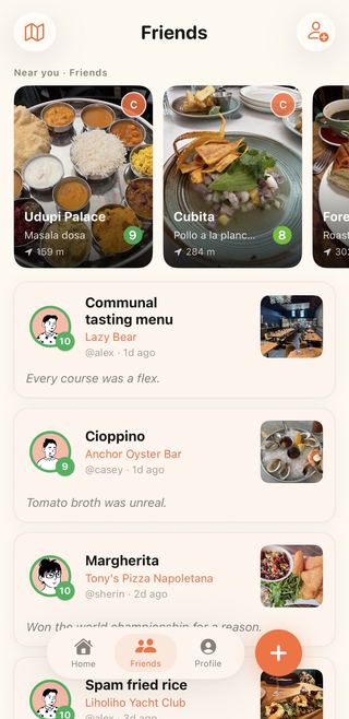 The Lekker friends feed — three friends' recent ratings: Communal tasting menu at Lazy Bear (10/10), Cioppino at Anchor Oyster Bar (9/10), Margherita at Tony's Pizza Napoletana (10/10)