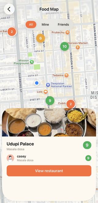 The Lekker food map — pins across the Mission District with score badges, plus a card showing Udupi Palace · Masala dosa rated 9/10